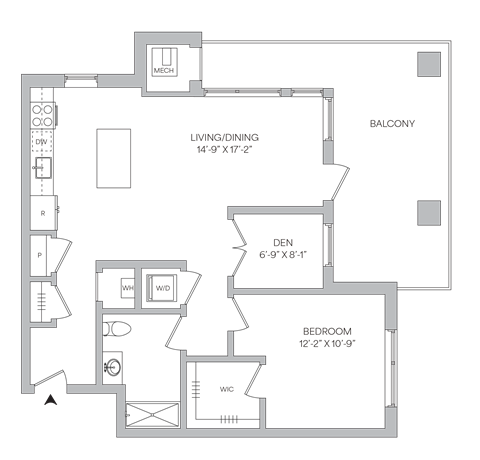 Floorplan of a 1 bedroom 1 bath apartment with a den and a wraparound balcony